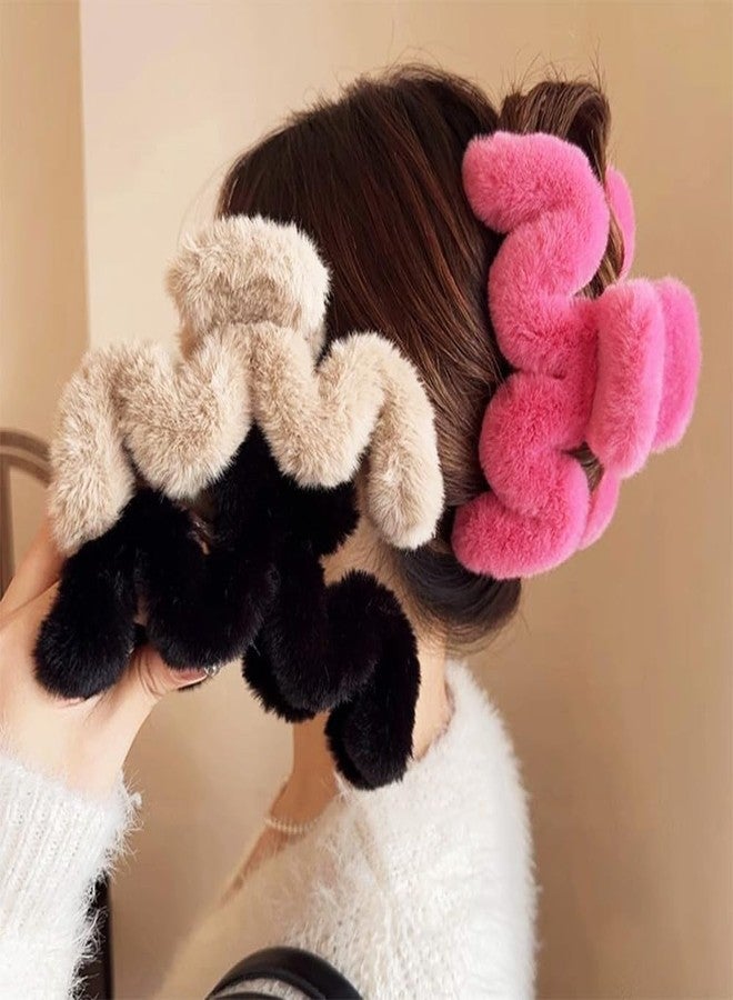 IPEWOEF 3Pcs Fuzzy Large Faux Fur M-Shaped Hair Claws Winter Plush Fluffy Wave Claw Clips - Image 1